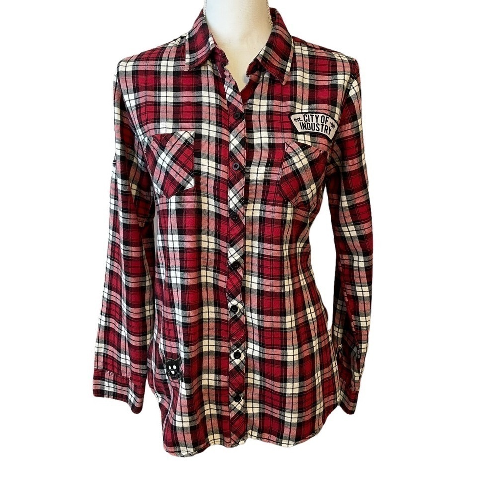 Hot Topic Red and Black Furry N' Fierce plaid long sleeve Button-Up Shirt. Sz. M